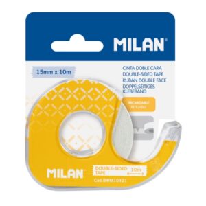milan portarrollos con cinta adhesiva de doble cara hoja de corte metalica 15mm x 10m color amarillo