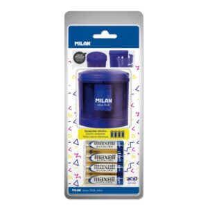 milan power sharp acid sacapuntas electrico pilas incluidas deposito integrado cuchilla de acero al carbono de seguridad color azul