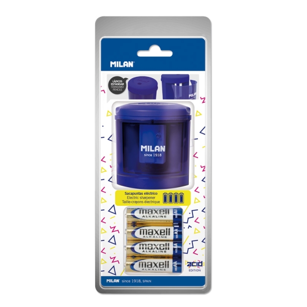 milan power sharp acid sacapuntas electrico pilas incluidas deposito integrado cuchilla de acero al carbono de seguridad color azul