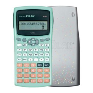 milan m240 silver calculadora cientifica 10+2 digitos pantalla de 2 lineas 240 funciones integradas incluyendo 124 cientificas carcasa protectora color turquesa
