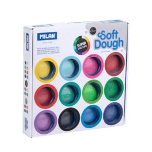 milan soft dough pack de 16 botes de pasta blanda 8 basicos 4 neon 4 glitter o purpurina 30g por unidad 100% vegetal moldeable sin residuos colores mezclables colores surtidos