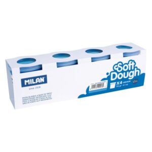 milan soft dough pack de 4 botes de pasta blanda 100% vegetal moldeable sin residuos colores mezclables 116g por unidad color azul