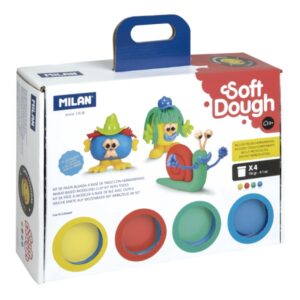 milan soft dough pack de 4 botes de pasta blanda maletin con herramientas 116g por unidad 100% vegetal moldeable sin residuos colores mezclables tematica caras divertidas