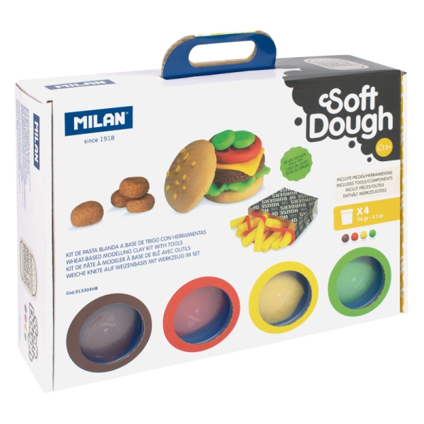 milan soft dough pack de 4 botes de pasta blanda maletin con herramientas 116g por unidad 100% vegetal moldeable sin residuos colores mezclables tematica hamburgeseria