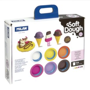 milan soft dough pack de 6 botes de pasta blanda maletin con herramientas 59g por unidad 100% vegetal moldeable sin residuos colores mezclables tematica heladeria