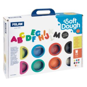 milan soft dough pack de 8 botes de pasta blanda maletin con herramientas 59g por unidad 100% vegetal moldeable sin residuos colores mezclables tematica abecedario