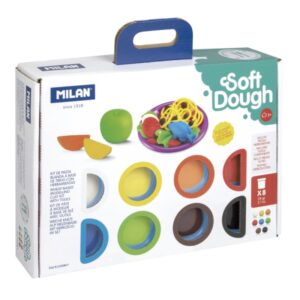 milan soft dough pack de 8 botes de pasta blanda maletin con herramientas 59g por unidad 100% vegetal moldeable sin residuos colores mezclables tematica alimentos