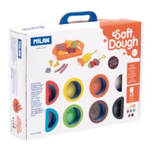 milan soft dough pack de 8 botes de pasta blanda maletin con herramientas 59g por unidad 100% vegetal moldeable sin residuos colores mezclables tematica barbacoa