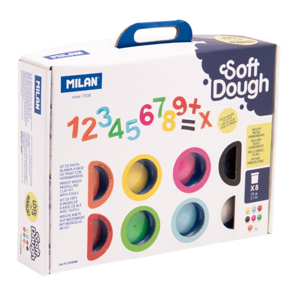 milan soft dough pack de 8 botes de pasta blanda maletin con herramientas 59g por unidad 100% vegetal moldeable sin residuos colores mezclables tematica numeros