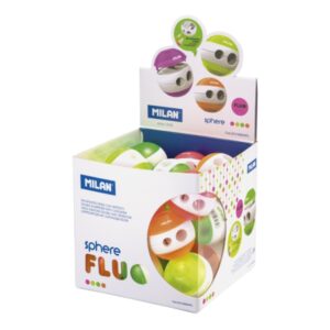 milan sphere fluo expositor con 24 sacapuntas doble regular y maxi deposito integrado cuchilla de acero de seguridad colores surtidos