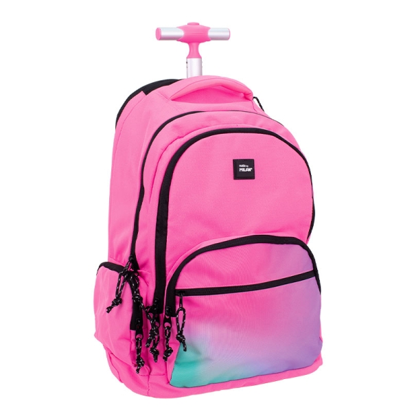 milan sunset mochila escolar 25l con carro integrado y mango metalico retractil 3 bolsillos delanteros 2 bolsillos laterales 6 cremalleras 46.5x30x17cm color rosa
