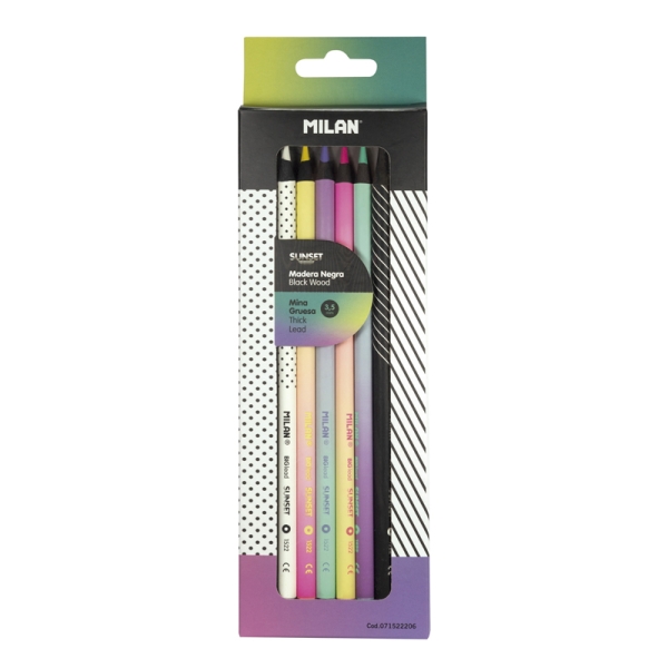 milan sunset pack de 6 lapices de colores madera negra mina gruesa redondos colores surtidos