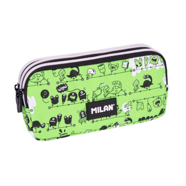 milan tandem 2 estuche portatodo cremallera 3 compartimentos 22x11x6.5cm color verde
