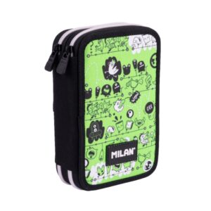 milan tandem 2 plumier de 2 pisos con regla sacapuntas gomas de borrar lapices de grafito y de colores rotuladores boligrafo azul 19.5x13x5cm color verde
