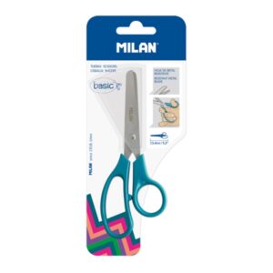 milan basic blister de tijeras escolares basic verde azulado mango ergonomico punta redondeada acero inoxidable de 13.4cm color verde