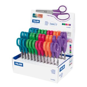 milan basic expositor con 24 tijeras basic mango ergonomico punta redondeada acero inoxidable de 13.4cm colores surtidos