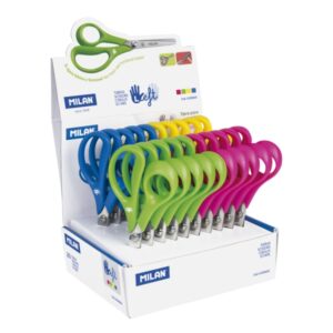 milan expositor con 20 tijeras para zurdos mango ergonomico punta redondeada acero inoxidable de 14cm colores surtidos