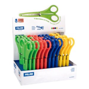 milan expositor con 24 tijeras con funda regla integrada de 5cm punta redondeada acero inoxidable de 14.7cm colores surtidos