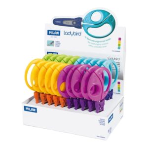 milan ladybird expositor con 20 tijeras con funda mango ergonomico punta redondeada acero inoxidable de 15cm colores surtidos
