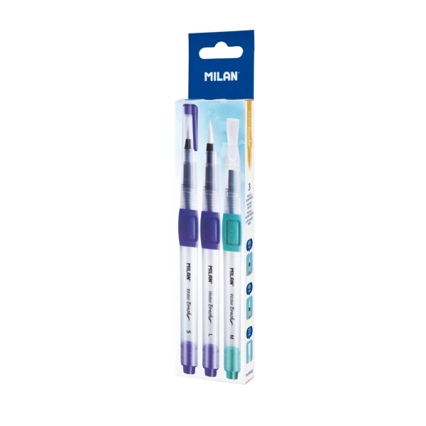 milan pack de 3 pinceles con deposito de agua recargable surtidos color azul