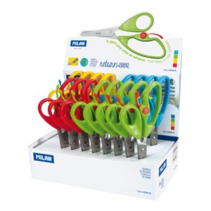 milan return expositor con 18 tijeras return mango ergonomico punta redondeada acero inoxidable de 14.4cm colores surtidos