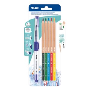 milan water brush pack de pincel recargable + 5 lapices acuarelables mina gruesa color azul