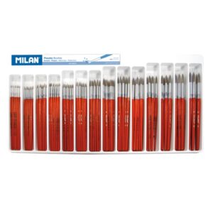 milan 101 pack de 144 pinceles escolares redondos pelo de cabra y sintetico formatos surtidos mango de madera color marron