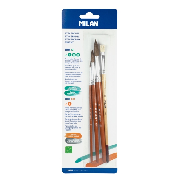 milan 101 pack de 3 pinceles redondos formatos surtidos pelo de cabra y sintetico incluye 1 pincel serie 524 numero 8 color madera oscuro