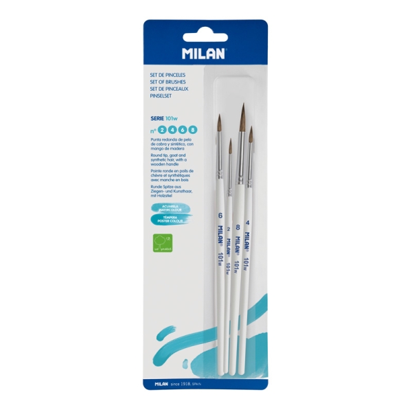 milan 101w pack de 4 pinceles redondos pelo de cabra y sintetico formatos surtidos color blanco