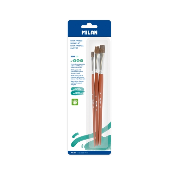 milan 121 pack de 3 pinceles planos formatos surtidos color madera oscuro
