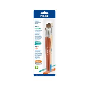 milan 121 pack de 3 pinceles planos formatos surtidos incluye 1 pincel serie 524 numero 8 color madera oscuro