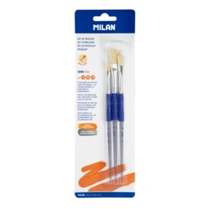 milan 526 pack de 3 pinceles planos formatos surtidos cerda natural mango ergonomico de plastico color blanco