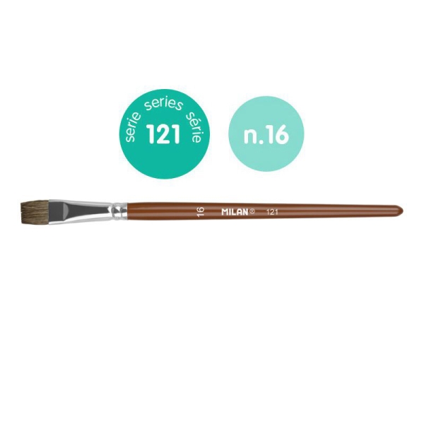 milan 121 pack de 6 pinceles escolares planos numero 16 bolsa con colgador pelo de cabra y sintetico color madera oscuro
