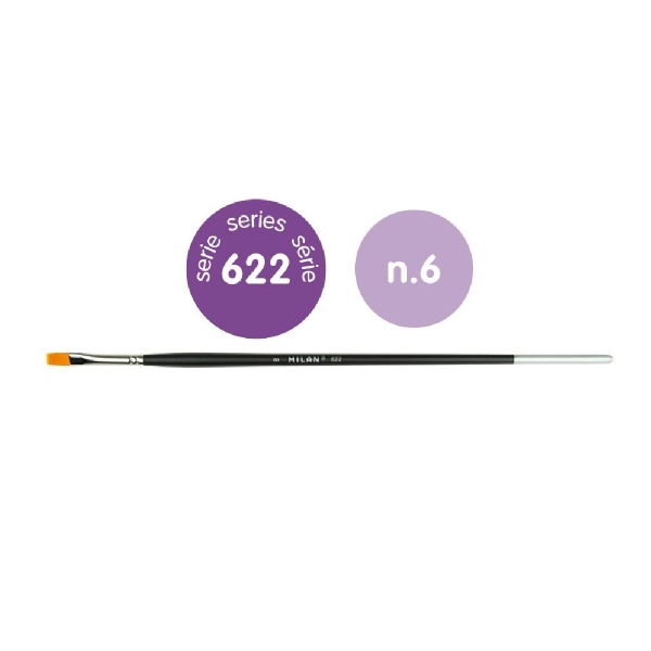milan 612 premium synthetic pack de 6 pinceles planos numero 6 bolsa con colgador pelo sintetico mango largo color negro