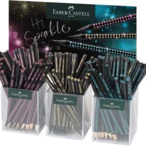 faber castell sparkle medianoche expositor con 144 lapices triangulares de grafito b mina resistente a la rotura con boton de purpurina rosa, oceano y dorado