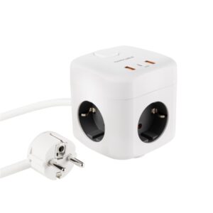 nanocable base de 3 enchufes schuko + 2x usb a y 1x usb c con interruptor tecnologia gan, pps y pd 20w cable de 1.40m color blanco