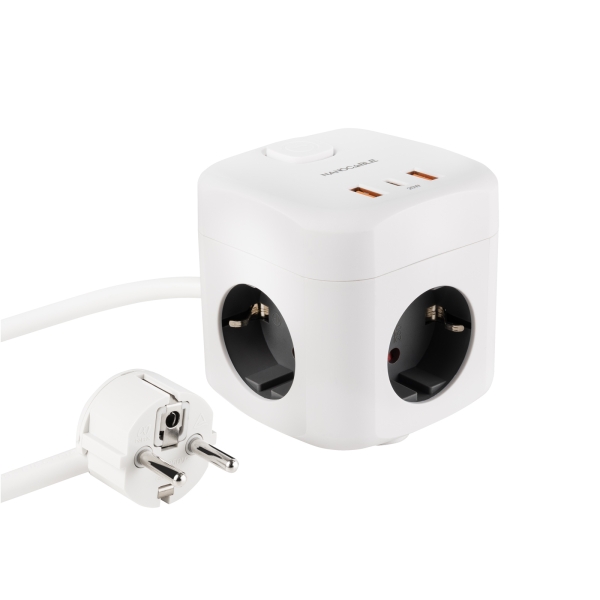 nanocable base de 3 enchufes schuko + 2x usb a y 1x usb c con interruptor tecnologia gan, pps y pd 20w cable de 1.40m color blanco