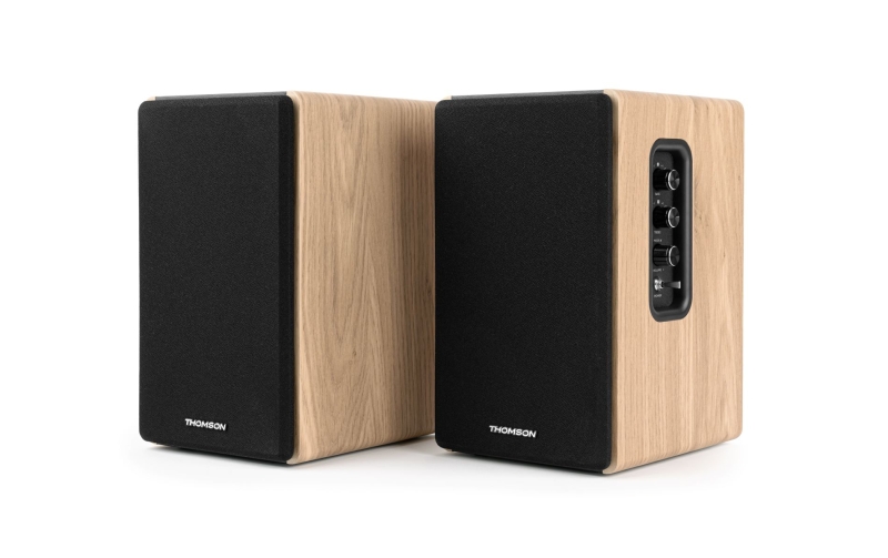thomson sistema de altavoces de estanteria potencia musical 150w bluetooth entrada optica, usb, rca mando a distancia acabado madera y negro