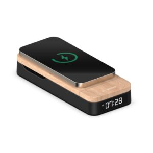 thomson reloj despertador plegable 3 en 1 cargadores induccion compatibles con android y apple cargador usb c brillo ajustable color madera y negro