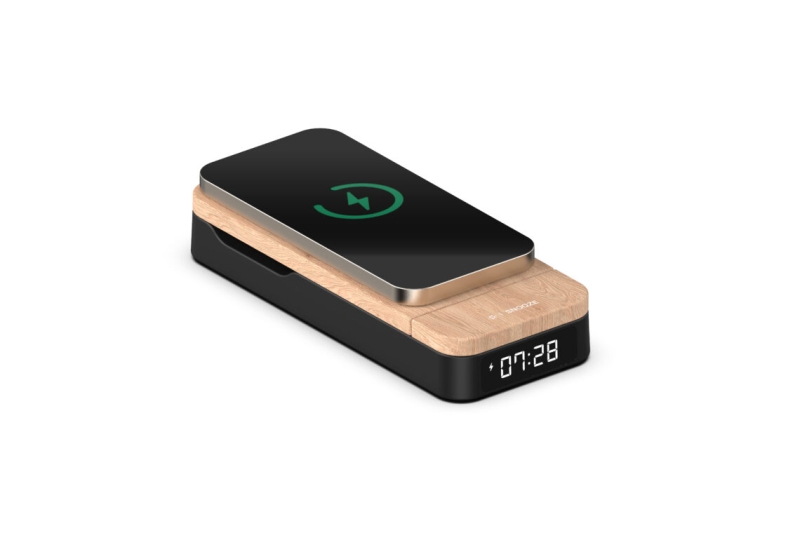 thomson reloj despertador plegable 3 en 1 cargadores induccion compatibles con android y apple cargador usb c brillo ajustable color madera y negro