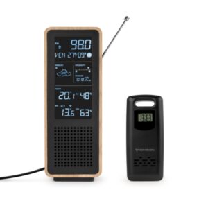 thomson altavoz bluetooth con estacion meteorologica y radio fm potencia musical 15w pantalla retroiluminada sonda exterior inalambrica color madera y negro