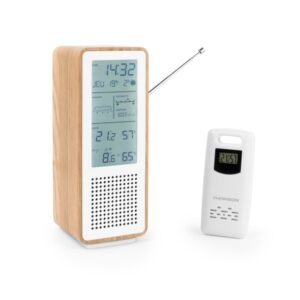 thomson altavoz bluetooth con estacion meteorologica y radio fm potencia musical 15w pantalla retroiluminada sonda exterior inalambrica color madera y blanco