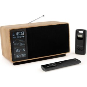 thomson altavoz bluetooth con estacion meteorologica y radio fm potencia musical 50w pantalla retroiluminada sonda exterior inalambrica color madera y negro