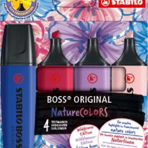 stabilo boss naturecolors wildflower edition pack de 4 marcadores trazo entre 2 y 5mm tinta con base de agua colores azul marino, colorete, lila grisaceo y rojo borgoña