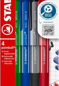 stabilo pointball colorful pack de 4 boligrafos retractiles trazo 0.5mm hechos con 87% bioplastico grip antideslizante recargables colores surtidos