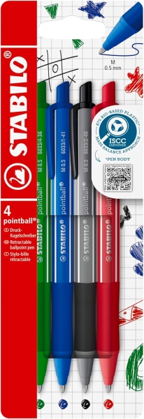 stabilo pointball colorful pack de 4 boligrafos retractiles trazo 0.5mm hechos con 87% bioplastico grip antideslizante recargables colores surtidos