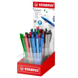 stabilo pointball colorful expositor con 38 boligrafos retractiles trazo 0.5mm hechos con 87% bioplastico grip antideslizante recargables colores surtidos