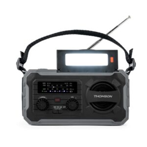 thomson radio solar portatil sos am/fm bateria de 8000mah linterna de emergencia 3 modos de carga funcion powerbank color gris