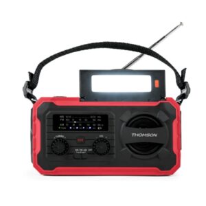 thomson radio solar portatil sos am/fm bateria de 8000mah linterna de emergencia 3 modos de carga funcion powerbank color rojo