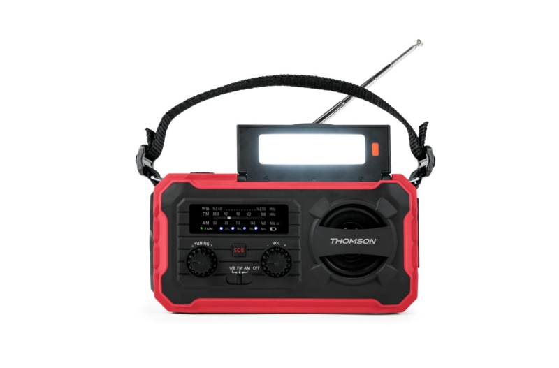 thomson radio solar portatil sos am/fm bateria de 8000mah linterna de emergencia 3 modos de carga funcion powerbank color rojo
